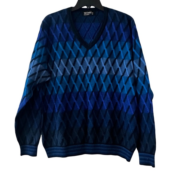 Vintage St. Croix Knits Sweater M diamondjacquard black blue 80s 90s Y2K